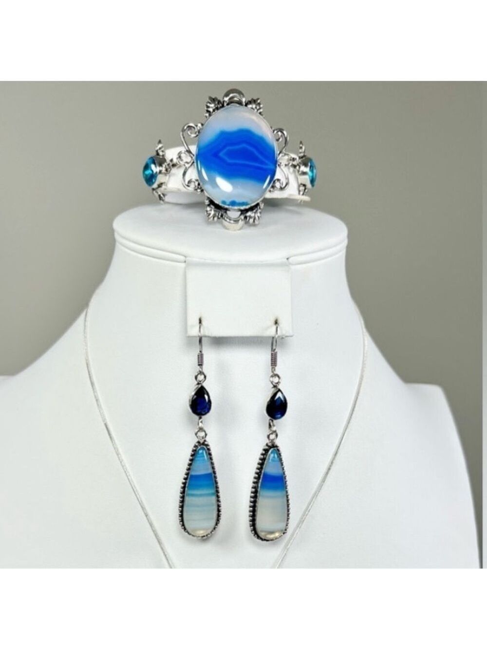 Blue Botswana Agate Pendant Bracelet & Earrings ONLY